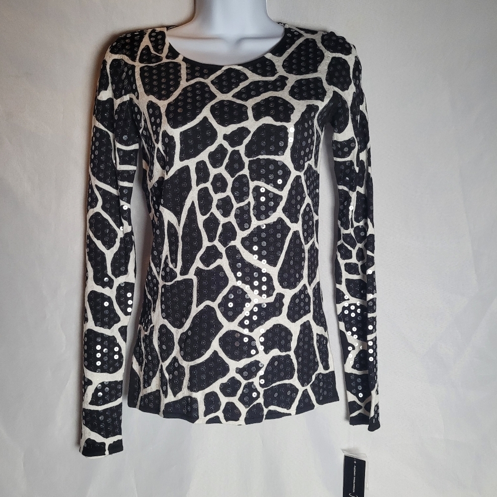INC International Concepts NWT Animal Print Sequin Long Sleeve Top Size XS